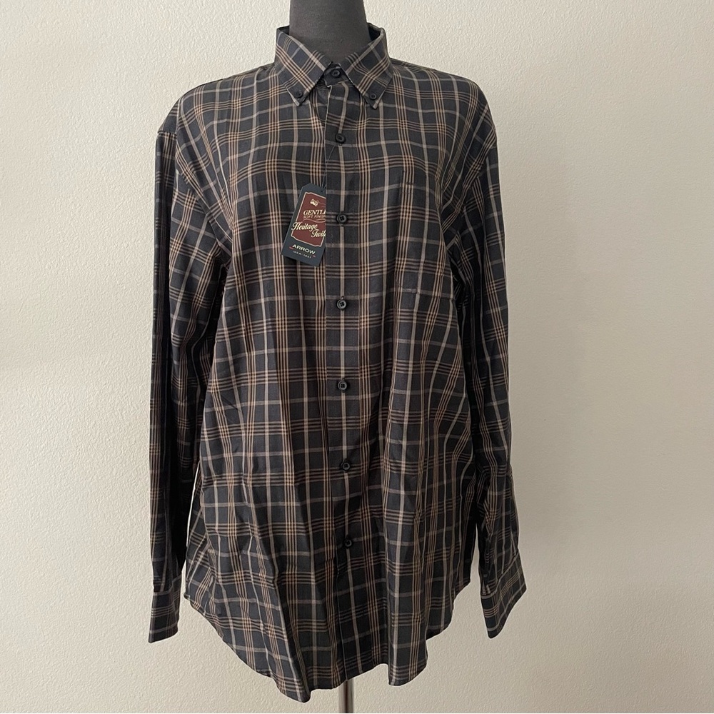 ⭐️NWT⭐️ Arrow Heritage Twill Black Brown Plaid  Button Down Shirt, 511993